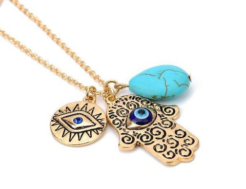 Turquoise Necklace Eye Necklace Fatima Palm Rice Bead Multilayer Necklace
