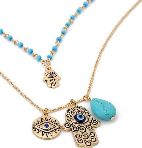 Turquoise Necklace Eye Necklace Fatima Palm Rice Bead Multilayer Necklace